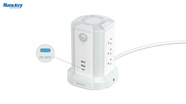 Huntkey Tower Power Strip SMD907C has a fast charge function and surge protection. The picture is for reference only.