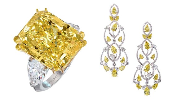 Left to right:&nbsp; Vivid yellow diamond ring.&nbsp; Yellow diamond chandelier earrings.