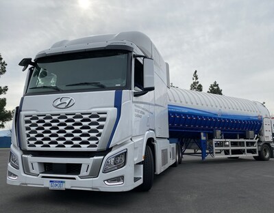 The First Element high capacity mobile refueler using liquid hydrogen refuels a Hyundai XCIENT Class 8 heavy duty truck. The truck is servicing routes throughout California.