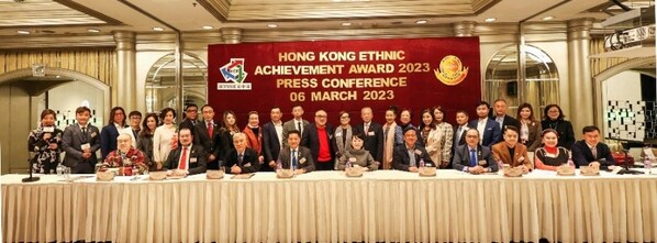 The group photo of the Guests of Honour, representatives of the co-organisers and members of the Organising Committee on the Press Conference of the "Hong Kong Ethnic Achievement Award 2023". Please note the Guests of Honour as follows (right to left). 1. Dr. Shum Wan Lung, VIP, Honorary Consul of the Republic of Yemen in Hong Kong 2. Ms. Elaine Cheng, President of HCFSME 3. Mr. Chan Kwok Ming, Ambassador of Ethnic Integration, the first Chinese Champion, World U21 Snooker Tournament (1996) 4. Prof. Francis Law, Judging Panel Member, Chairman of International Dispute Resolution & Risk Management Institute 5. Mr. Kyran Sze, MH, Judging Panel Chairman 6. Dr. Rita Chiu, Co-Chairman of the Organising Committee 7. Mr. Sam Tam, Chairman of HCFSME 8. Mr. Mak Wah Cheung, Judging Panel Member, Founder and Ex-Managing Director of Hong Kong Economic Times 9. HRH Datu Grand Prince of Orients Dr. Gary Sum, VIP 10. Mr. Ko Chi Sum, MH, Ambassador of Ethnic Integration, Famous Film Director