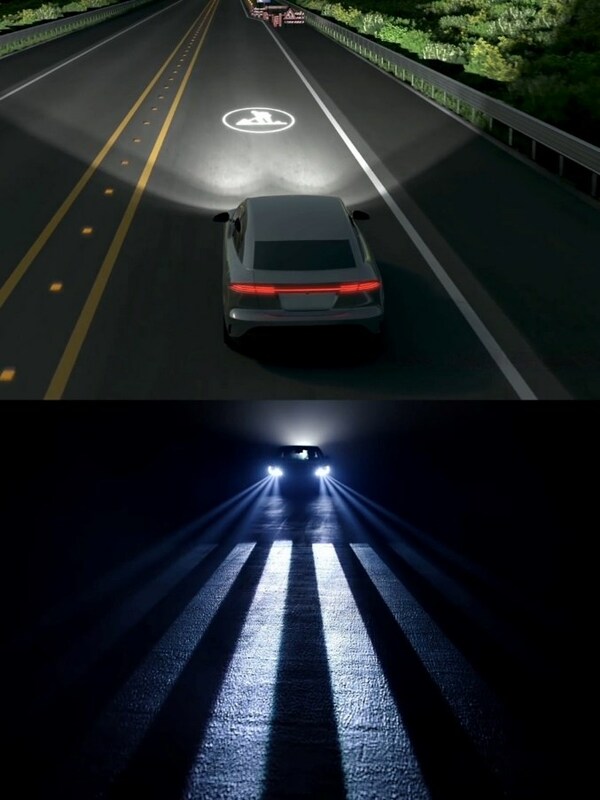 HD Lighting System developed by Hyundai Mobis shows driving information on the road surface in real-time for improved convenience and safety of drivers. It integrates with GPS navigation to inform the driver about the construction zone ahead and uses the camera sensor to display a virtual crosswalk on the road.