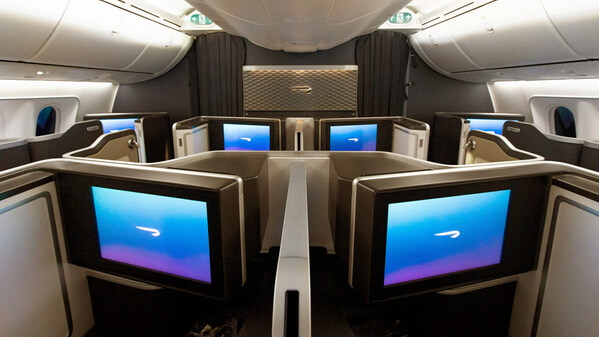 One of British Airways’ first-class cabins, specifically designed for the 787-9 Dreamliner.