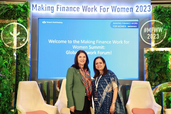 Mary Ellen Iskenderian, President and CEO (L) and Kalpana Ajayan, Regional Head- S Asia (R) of Women’s World Banking from the Making Finance Work for Women 2023 Summit in Mumbai.
