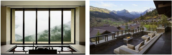 From left to right: Villa bath&nbsp;and villa terrace overlook forests, mountains,&nbsp;and Tibetan villages