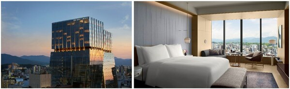 L-R: Hotel Exterior; Deluxe King Guestroom.