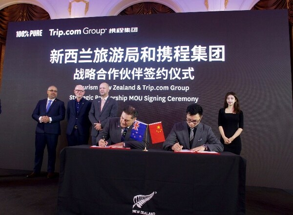 Edison Chen (right, foreground), Vice President of Destination Marketing & Strategy Alliances of Trip.com Group, and Jamie Tuuta (left, foreground), Board Chairman of Tourism New Zealand