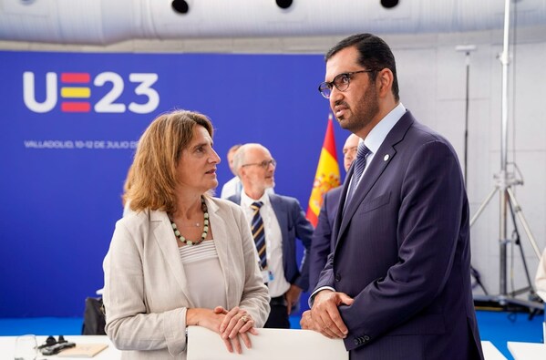 Dr. Sultan Al Jaber, COP28 President-Designate with Spanish Deputy Prime Minister and Minister for the Ecological Transition Teresa Ribera during his meeting with EU Energy and Environment Ministers in Madrid Dr. Sultan Al Jaber, COP28 President-Designate with Spanish Deputy Prime Minister and Minister for the Ecological Transition Teresa Ribera during his meeting with EU Energy and Environment Ministers in Madrid