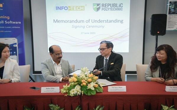 From Left to Right: Ms Torrance Yeoh (COO, Info-Tech) and Mr Babu Dilip (CEO, Info-Tech) signing the Memorandum of Understanding (MOU) with Mr Tui Jurn Mun (Director, RP School of Management and Communication) and Ms Tio Wee Leng (Assistant Director, RP). From Left to Right: Ms Torrance Yeoh (COO, Info-Tech) and Mr Babu Dilip (CEO, Info-Tech) signing the Memorandum of Understanding (MOU) with Mr Tui Jurn Mun (Director, RP School of Management and Communication) and Ms Tio Wee Leng (Assistant Director, RP).