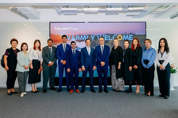Bo Sun, CMO of Trip.com Group, greets the Department of Culture and Tourism - Abu Dhabi delegation at its HQ office in Shanghai, China