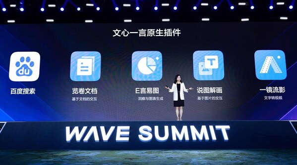 Baidu Corporate Vice President Tian Wu announces five plugins for ERNIE Bot, Baidu’s knowledge-enhanced large language model, at Wave Summit 2023. Baidu Corporate Vice President Tian Wu announces five plugins for ERNIE Bot, Baidu’s knowledge-enhanced large language model, at Wave Summit 2023.