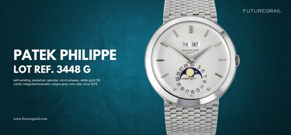 Patek Philippe, Lot Ref. 3448 G, self-winding, perpetual calendar, moon phases, white gold (18-carat), integrated bracelet, unique gray color dial, circa 1975. Estimate: US$600,000-900,000