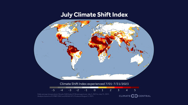 During July, more than 80% of Earth's population experienced heat made at least three times more likely by carbon pollution. During July, more than 80% of Earth's population experienced heat made at least three times more likely by carbon pollution.