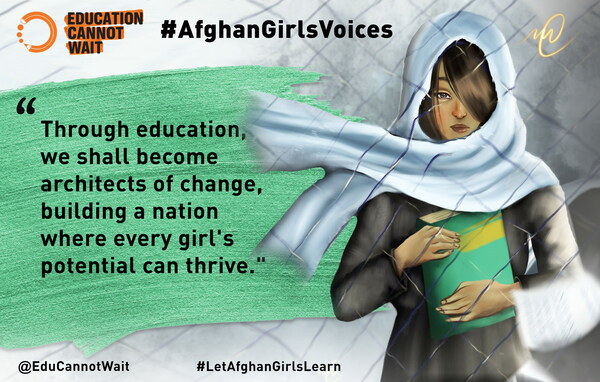 Education Cannot Wait’s new #AfghanGirlsVoices campaign features testimonies from Afghan girls whose lives have been abruptly upended by the ban imposed on their education. ©ECW Education Cannot Wait’s new #AfghanGirlsVoices campaign features testimonies from Afghan girls whose lives have been abruptly upended by the ban imposed on their education. ©ECW