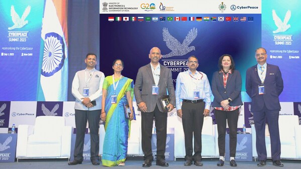 (LtoR) Maj Vineet Kumar Founder & Global President CyberPeace, Dr. Krishnashree Achuthan Civil20, Mr. SN Pradhan IPS DG NCB, Mr. Naveen Kumar Singh DG NCIIPC, Ms. Subi Chaturvedi InMobi, Lt Gen (Dr.) Rajesh P (LtoR) Maj Vineet Kumar Founder & Global President CyberPeace, Dr. Krishnashree Achuthan Civil20, Mr. SN Pradhan IPS DG NCB, Mr. Naveen Kumar Singh DG NCIIPC, Ms. Subi Chaturvedi InMobi, Lt Gen (Dr.) Rajesh P