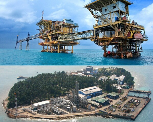 Offshore oil and gas production platforms and oil processing facilities on Pabelokan Island Offshore oil and gas production platforms and oil processing facilities on Pabelokan Island
