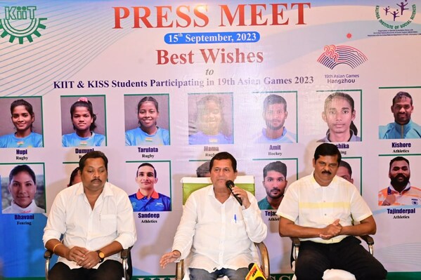 ounder of KIIT & KISS Dr Achyuta Samanta addressing media about the successful student-athletes heading for Asian Games 2023. He is flanked by DG Sports, KIIT & KISS Dr Gaganendu Dash and Advisor KISS Sports Upendra Kumar Mohanty. ounder of KIIT & KISS Dr Achyuta Samanta addressing media about the successful student-athletes heading for Asian Games 2023. He is flanked by DG Sports, KIIT & KISS Dr Gaganendu Dash and Advisor KISS Sports Upendra Kumar Mohanty.