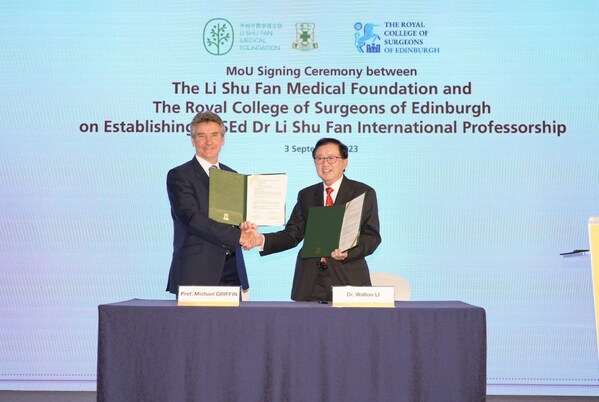 The Li Shu Fan Medical Foundation donates £1 million to establish the RCSEd Dr Li Shu Fan International Professorship. Dr Walton LI Wai Tat (right), Medical Superintendent of Hong Kong Sanatorium & Hospital, CEO of HKSH Medical Group, and Chairman and Board of Governors of The Li Shu Fan Medical Foundation and Professor Michael GRIFFIN OBE (left), Past President of the Royal College of Surgeons of Edinburgh signed an MoU which marks the collaboration between the Foundation and RCSEd in fostering surgical education and research. The Li Shu Fan Medical Foundation donates £1 million to establish the RCSEd Dr Li Shu Fan International Professorship. Dr Walton LI Wai Tat (right), Medical Superintendent of Hong Kong Sanatorium & Hospital, CEO of HKSH Medical Group, and Chairman and Board of Governors of The Li Shu Fan Medical Foundation and Professor Michael GRIFFIN OBE (left), Past President of the Royal College of Surgeons of Edinburgh signed an MoU which marks the collaboration between the Foundation and RCSEd in fostering surgical education and research.