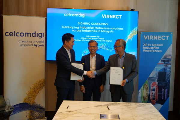 [from left] Tim Ha, CEO of VIRNECT, Minister of Communications and Digital of Malaysia, YB Fahmi Fadzil, and Datuk Idham Nawawi, CEO of CelcomDigi, sealed a Memorandum of Understanding (MoU) to explore the development of experiential learning and education using Metaverse, for multiple Malaysian&nbsp;universities.