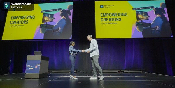 Neola from Wondershare Filmora Greeting Intel CTO Rob Bruckner On Stage Neola from Wondershare Filmora Greeting Intel CTO Rob Bruckner On Stage