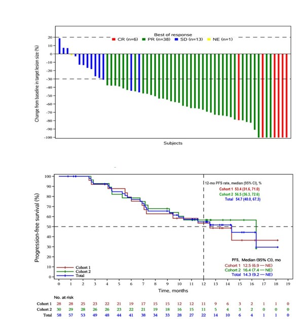 Figure 2: The best percentage change in target lesions (A) and Kaplan-Meier curve of progression-free survival (B) for first-line treatment of r/mCC using QL1706 in combination with chemotherapy, with or without bevacizumab Figure 2: The best percentage change in target lesions (A) and Kaplan-Meier curve of progression-free survival (B) for first-line treatment of r/mCC using QL1706 in combination with chemotherapy, with or without bevacizumab