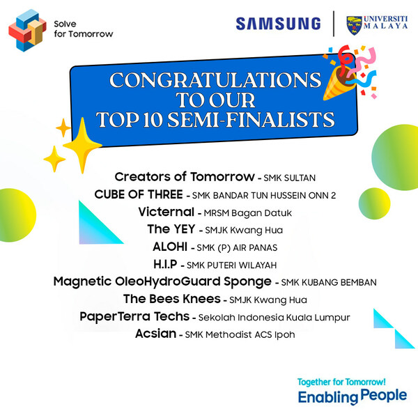 Samsung Malaysia Reveals Top 10 Semi-Finalist Teams for Solve for Tomorrow 2023, Inspiring STEM Innovation for the Fourth Consecutive Year Samsung Malaysia Reveals Top 10 Semi-Finalist Teams for Solve for Tomorrow 2023, Inspiring STEM Innovation for the Fourth Consecutive Year