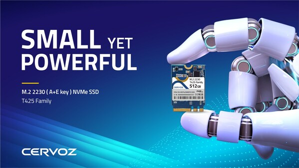 Cervoz introduces the T425 SSD, the perfect solution for compact fanless PCs requiring peak performance. The new NVMe PCIe Gen3x2 SSD, designed with a sleek M.2 2230 (A+E keys) form factor, delivers high data transfer speeds and storage capacities up to 512GB. It is tailored to meet the increasing needs of today's edge AI and computing applications. Cervoz introduces the T425 SSD, the perfect solution for compact fanless PCs requiring peak performance. The new NVMe PCIe Gen3x2 SSD, designed with a sleek M.2 2230 (A+E keys) form factor, delivers high data transfer speeds and storage capacities up to 512GB. It is tailored to meet the increasing needs of today's edge AI and computing applications.