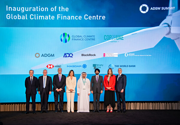 The Founding Members of Global Climate Finance Centre - GCFC (from left to right): Mark Carney, UN Special Envoy for Climate Action and Finance and Co-Chair, Glasgow Financial Alliance for Net Zero (GFANZ), Noel Quinn, Group Chief Executive at HSBC, Larry Fink, Chairman and CEO of BlackRock, Mercedes Vela Monserrate, GCFC CEO, H.E. Ahmed Jasim Al Zaabi, Member of the Abu Dhabi Executive Council and Chairman of the Abu Dhabi Department of Development (ADDED) and (Abu Dhabi Global Market) ADGM, Ajay Banga, President of the World Bank Group, Kate Hampton, Chief Executive Officer of CIFF and Hendrik du Toit, Founder and Chief Executive Officer of Ninety One. The Founding Members of Global Climate Finance Centre - GCFC (from left to right): Mark Carney, UN Special Envoy for Climate Action and Finance and Co-Chair, Glasgow Financial Alliance for Net Zero (GFANZ), Noel Quinn, Group Chief Executive at HSBC, Larry Fink, Chairman and CEO of BlackRock, Mercedes Vela Monserrate, GCFC CEO, H.E. Ahmed Jasim Al Zaabi, Member of the Abu Dhabi Executive Council and Chairman of the Abu Dhabi Department of Development (ADDED) and (Abu Dhabi Global Market) ADGM, Ajay Banga, President of the World Bank Group, Kate Hampton, Chief Executive Officer of CIFF and Hendrik du Toit, Founder and Chief Executive Officer of Ninety One.