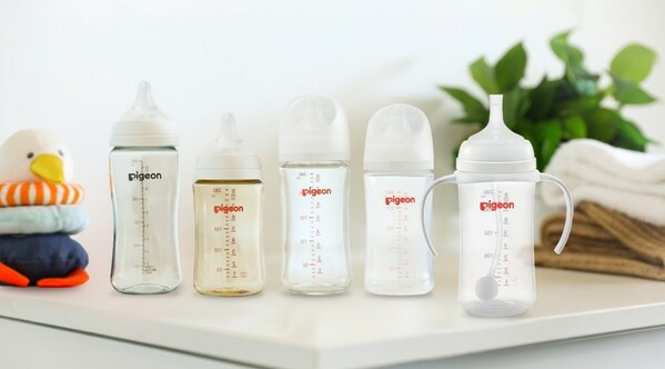 LyondellBasell bio-based CirculenRenew polypropylene polymers (PP) are used in the cap and hood of the renewed Pigeon SofTouch™ T-Ester, PPSU and Glass nursing bottle (first three bottles from the left), and in the cap, hood and bottle of the PP nursing bottle and PP straw bottle (last two bottles). They are also used in the bottle handle of the PP straw bottle.