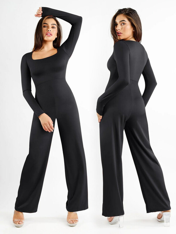 Square Neck Wide-Leg Long Sleeve Shapewear Jumpsuit