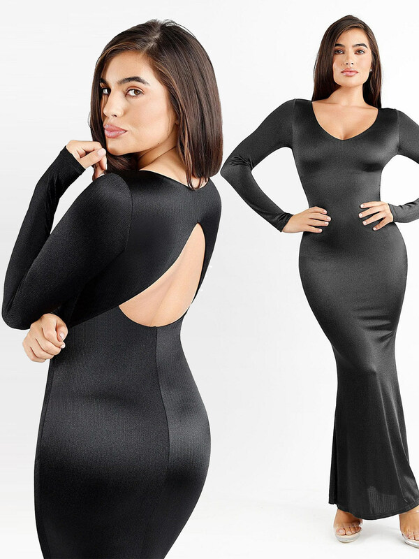 Built-In Shapewear Long Sleeve Cut-Out Back Shine Maxi Dress