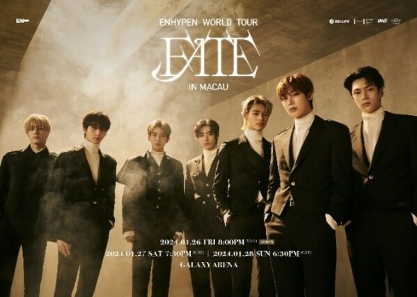 K-pop boy band ENHYPEN will take the stage at Galaxy Arena for three consecutive nights from January 26 to 28, presenting the “2024 ENHYPEN WORLD TOUR ‘FATE’ IN MACAU” concert for their loyal fans. K-pop boy band ENHYPEN will take the stage at Galaxy Arena for three consecutive nights from January 26 to 28, presenting the “2024 ENHYPEN WORLD TOUR ‘FATE’ IN MACAU” concert for their loyal fans.