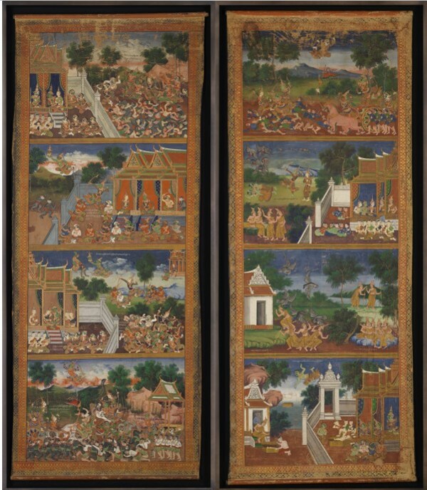 Artist unknown. Pair of Preah Bot paintings depicting Jatayu and the Vanaras. c.1900. Tempera on canvas, 199.5 x 81.5 cm (left) 202 x 79.5cm (right). Collection of National Gallery Singapore. Artist unknown. Pair of Preah Bot paintings depicting Jatayu and the Vanaras. c.1900. Tempera on canvas, 199.5 x 81.5 cm (left) 202 x 79.5cm (right). Collection of National Gallery Singapore.