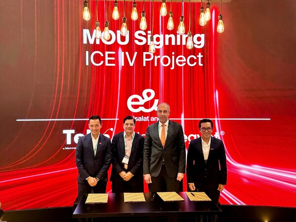 left - Nabil Baccouche, Group Chief Carrier Wholesale Officer from e&, second from right - Seif Mounib, Vice President International and Wholesale from Telecom Egypt, and right - Budi Satria Dharma Purba, Chief Executive Officer (CEO) from Telin sign MoU of ICE SYSTEM IV Project : Propels Intra Asia to India, Middle East, and Beyond.