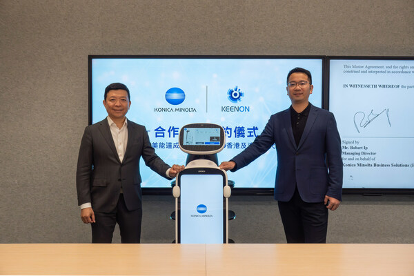 Mr. Robert Ip, Managing Director at Konica Minolta Business Solutions (HK) Ltd (left) and Mr. Gary Liao, Senior Vice President, International Business at KEENON Robotics (right) with DINERBOT T10 Mr. Robert Ip, Managing Director at Konica Minolta Business Solutions (HK) Ltd (left) and Mr. Gary Liao, Senior Vice President, International Business at KEENON Robotics (right) with DINERBOT T10