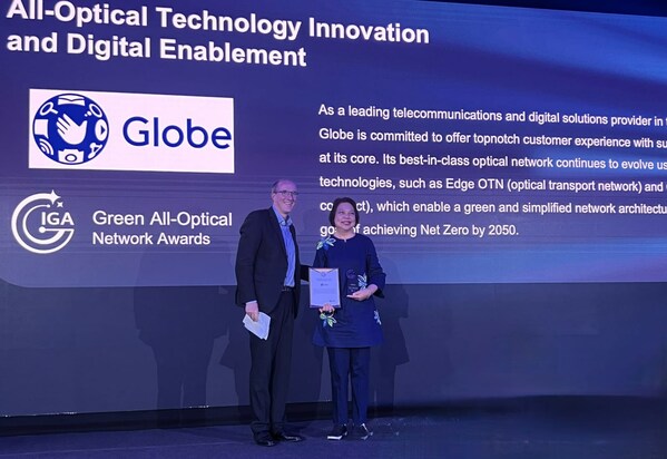 Yoly Crisanto, Globe Group Chief Sustainability and Corporate Communications Officer, receives the All-Optical Technology Innovation and Digital Enablement award from IDATE at the Green All-Optical Network Forum 2024 on February 26 in Barcelona, Spain. Yoly Crisanto, Globe Group Chief Sustainability and Corporate Communications Officer, receives the All-Optical Technology Innovation and Digital Enablement award from IDATE at the Green All-Optical Network Forum 2024 on February 26 in Barcelona, Spain.