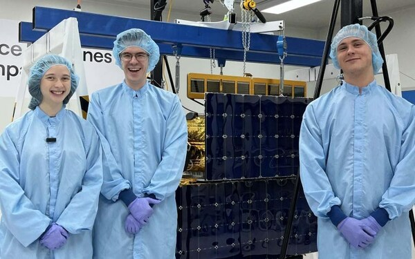 UTS engineering students Liv, John and Jacob interned with Space Machines Company to help build the satellite Optimus. Photo by Jessica Lo. UTS engineering students Liv, John and Jacob interned with Space Machines Company to help build the satellite Optimus. Photo by Jessica Lo.