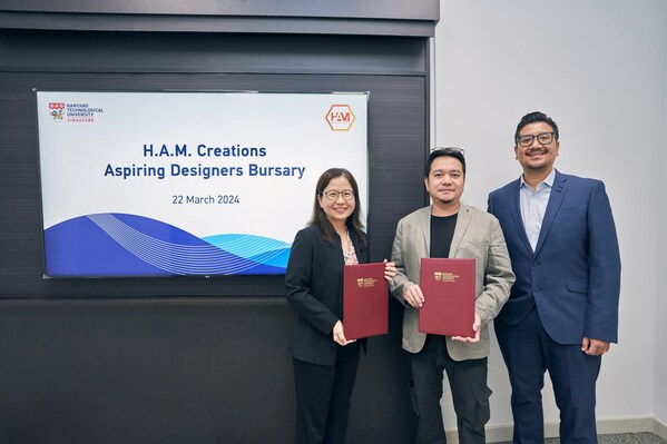 Photo credit: NTU Singapore. Bursary Signing at Nanyang Technological University, Singapore on 22 March 2024; From Left to Right: Ms See E’Jin - Chief Development Officer (University Advancement Office), NTU Singapore, Mr Wilfred Soo - Creative Director, H.A.M. Creations Pte Ltd, Mr Shigekawa Hidekatu - Finance & HR Director, H.A.M. Creations Pte Ltd