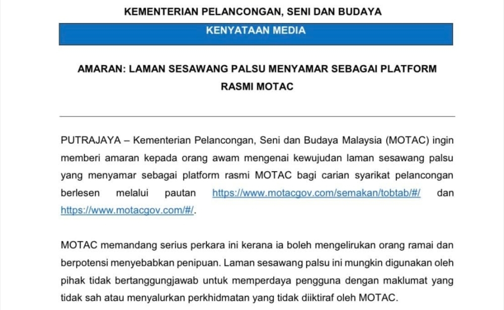 Beware of fake travel websites disguised as official Motac platform, ministry advises public