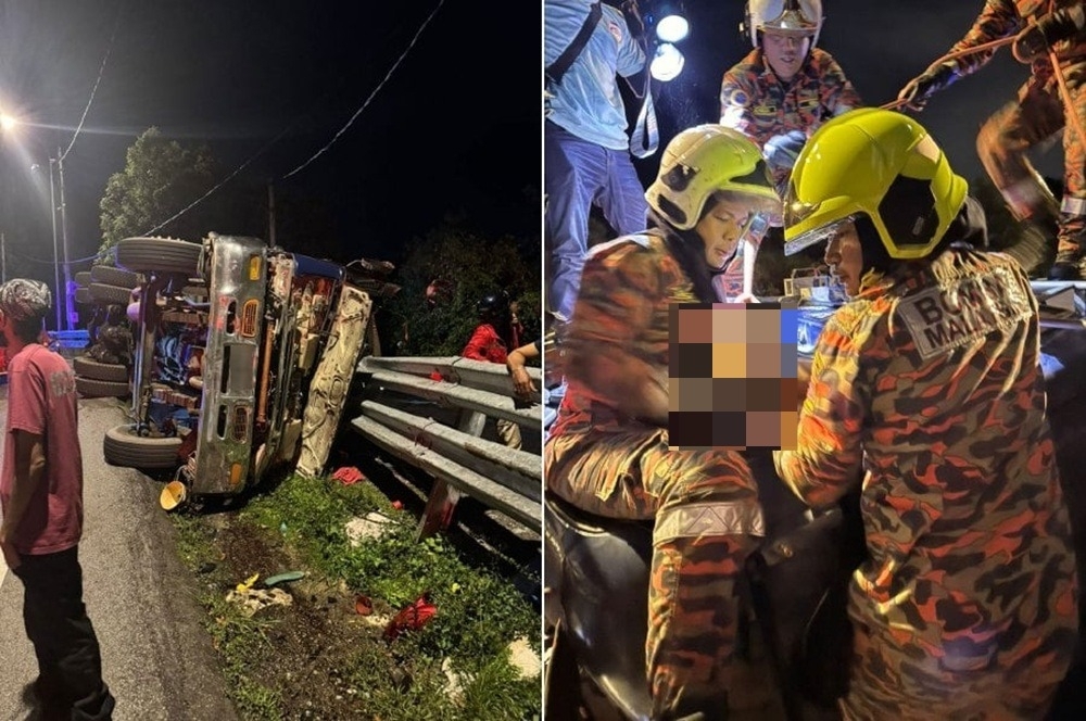 Driver killed as lorry carrying tar skids and overturns on steep bend in Balik Pulau