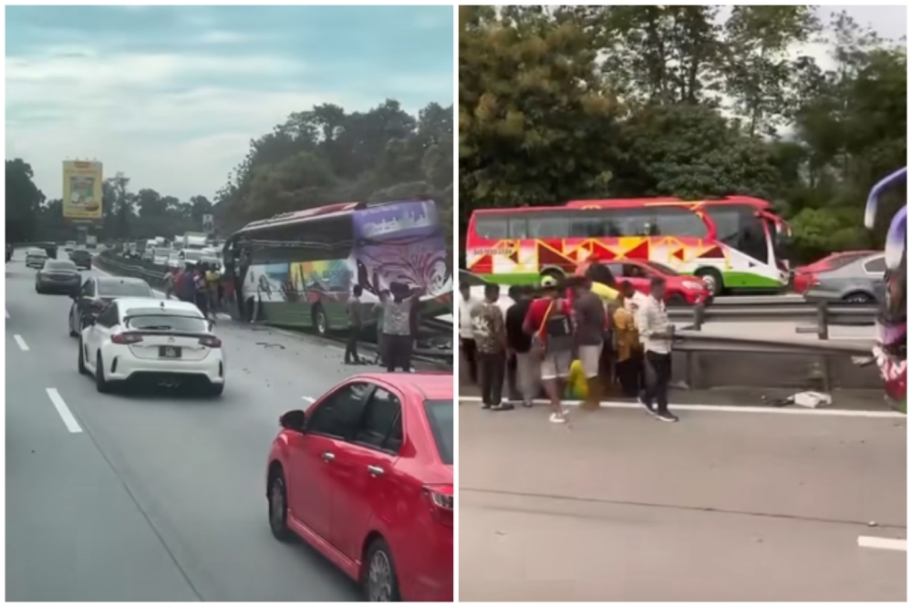 Tour bus with 36 Indian tourists crashes into divider on PLUS highway near Muallim in Perak, all escape unhurt