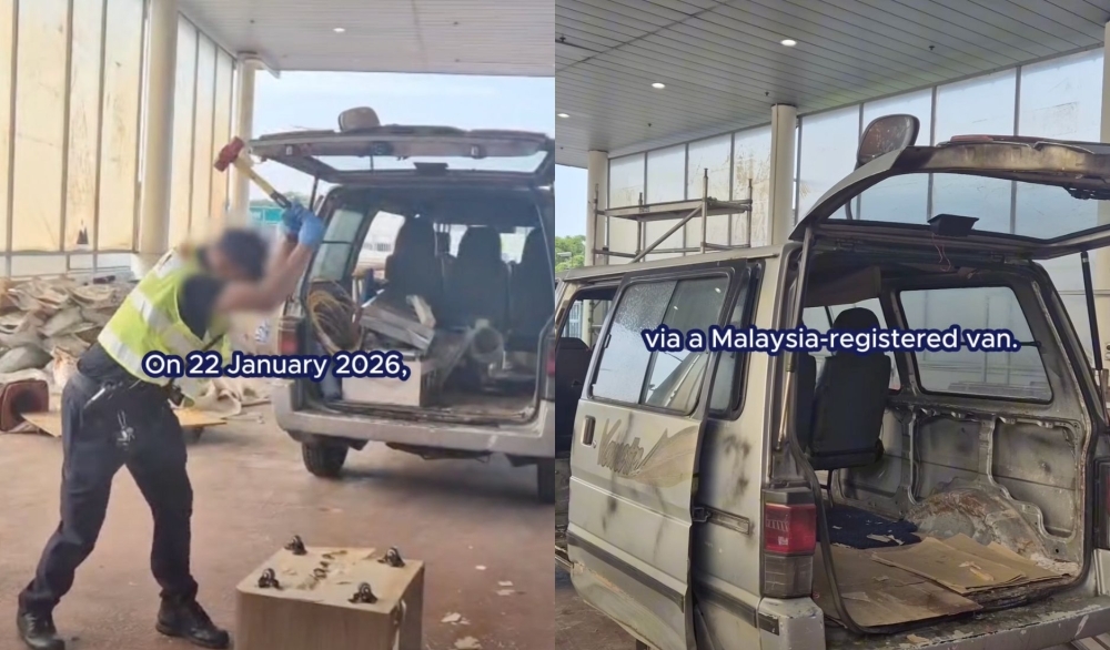 Singapore authorities smash open ‘furniture’ at Woodlands, exposing Malaysia-registered van’s secret cigarette stash